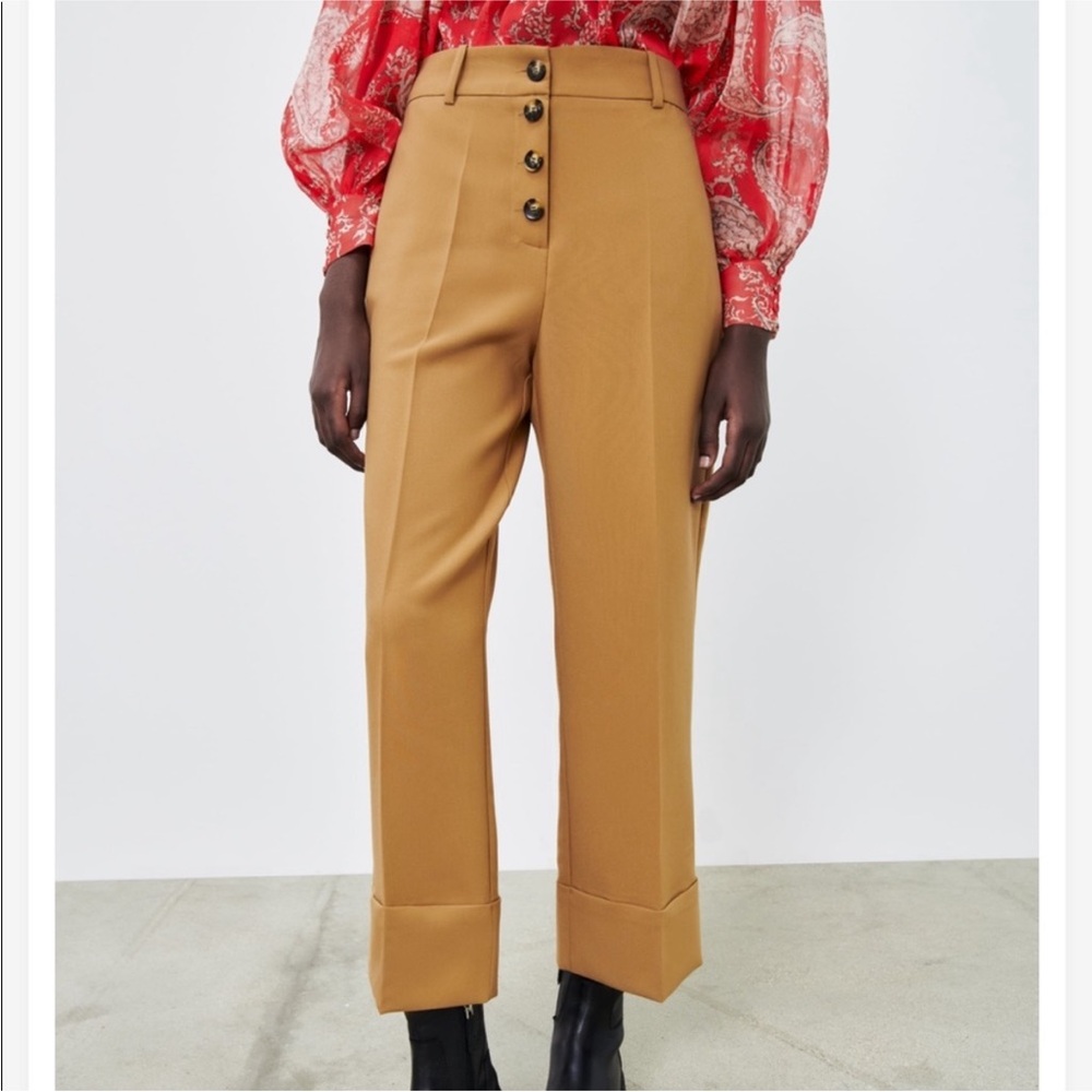 Zara Tan Cropped Pants with Button Detail cuffed xs brown buttons trousers